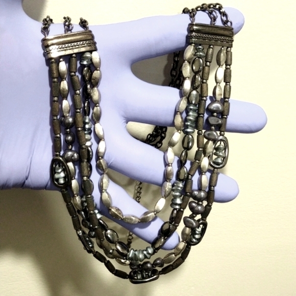 Women's Silver tone Gunmetal Layered Various Types & Sizes of Beads necklace
